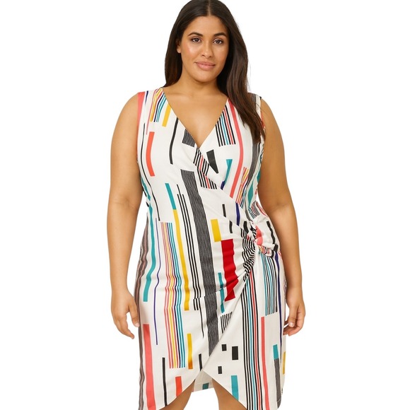 ASHRO Plus Size 20W Dress Sleeveless Colorful Striped Sheath White Career 1683 - Picture 1 of 9